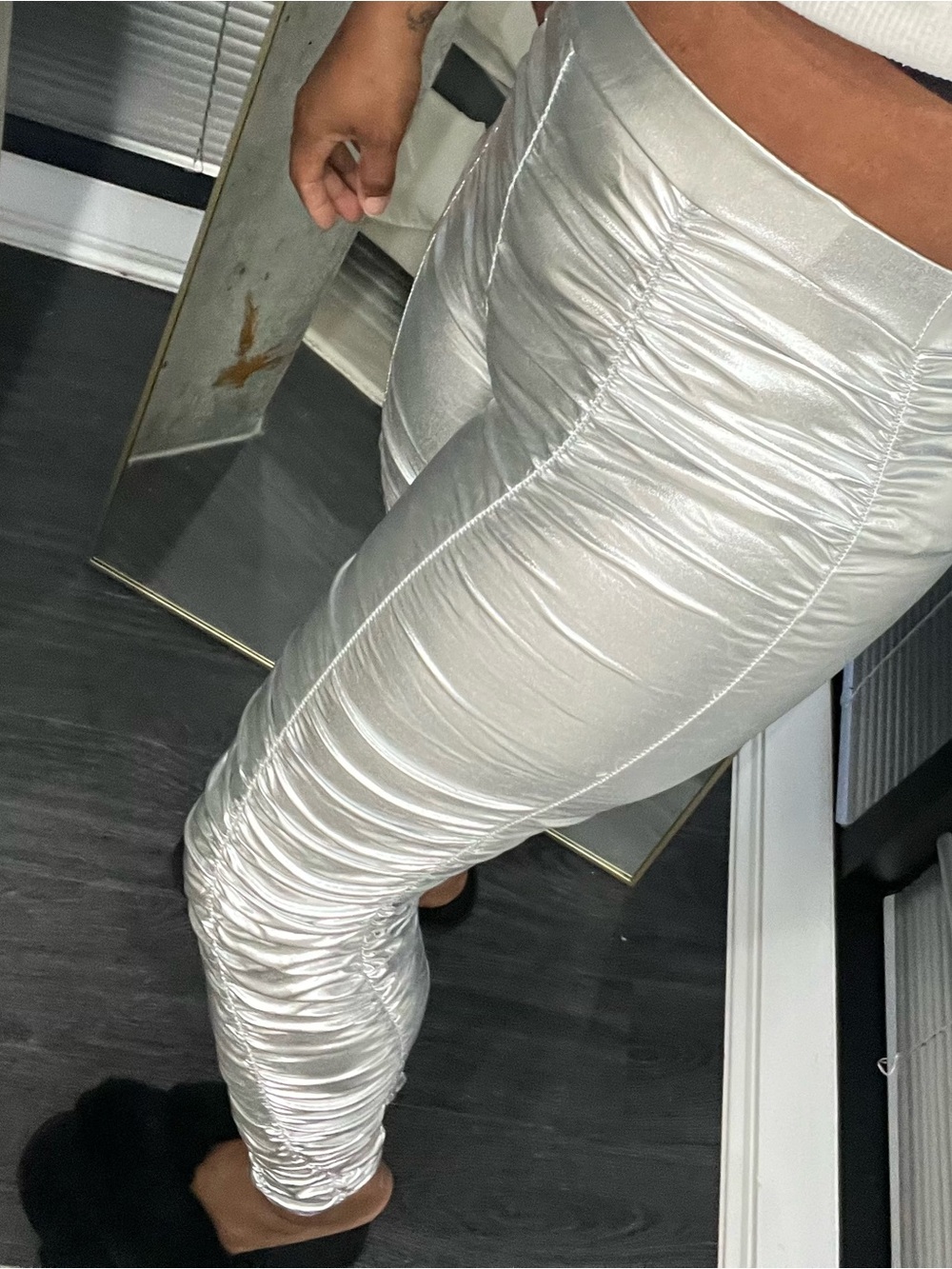 Swank A Posh Metallic Silver Ruched High-Waist Pants - Picture 2 of 4